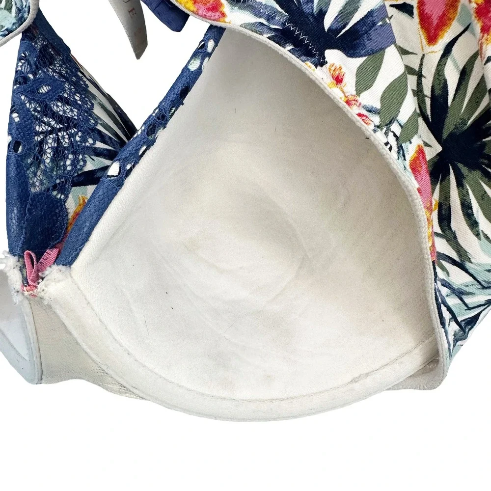 CACIQUE Tropical Floral & Lace Lightly Lined T-shirt Bra • 42DD white blue pink